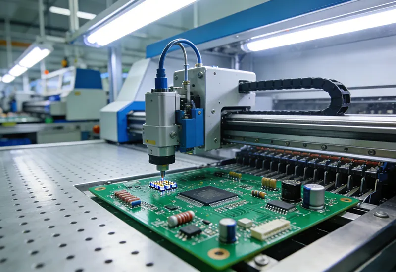 High-speed automated SMT machine placing components onto an intelligent servo driver PCB for smart electric toothbrushes.