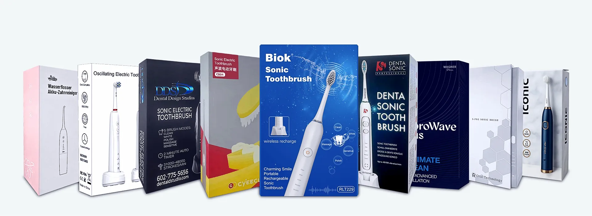 A diverse collection of custom-designed, premium retail packaging boxes for various electric toothbrush brands, highlighting versatile design options.
