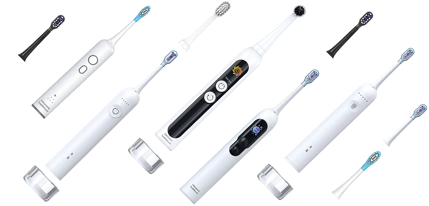 A diverse lineup of five customizable smart sonic electric toothbrushes with color-coded bodies, featuring integrated smart screens for mode selection.