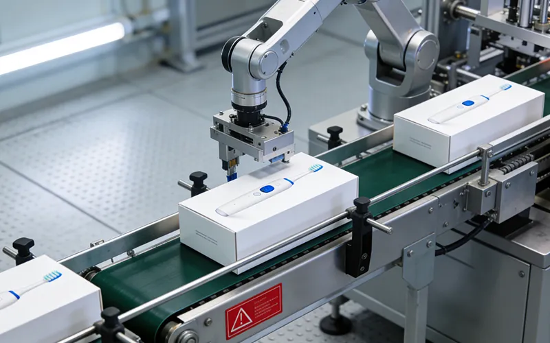 Automated robotic arm assembling electric toothbrushes into retail-ready packaging on an ISO-certified factory conveyor belt.