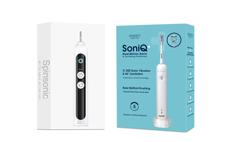 Printed sample boxes and white label mockups for physical prototyping of the electric toothbrush before mass production.