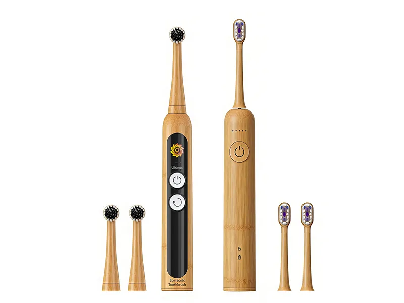 Eco-conscious bamboo electric toothbrushes engineered with energy-efficient Spinsonic motors to reduce electronic waste.