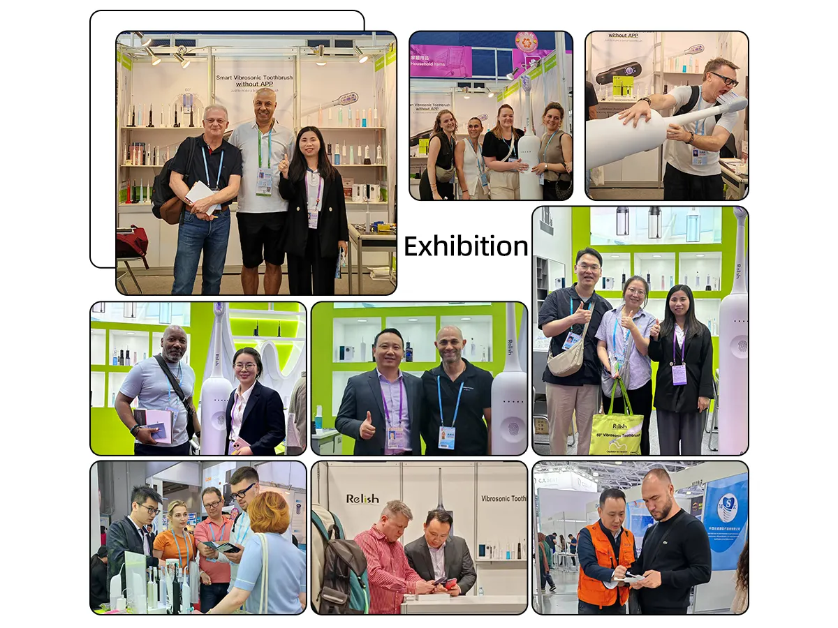 Collage of international clients and brand owners at a global oral care exhibition, celebrating successful long-term partnerships with the Relish team.