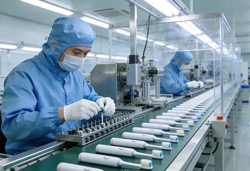 Cleanroom workers and robotic machinery assembling electric toothbrushes, conducting strict quality control and IPX7 waterproof verification.