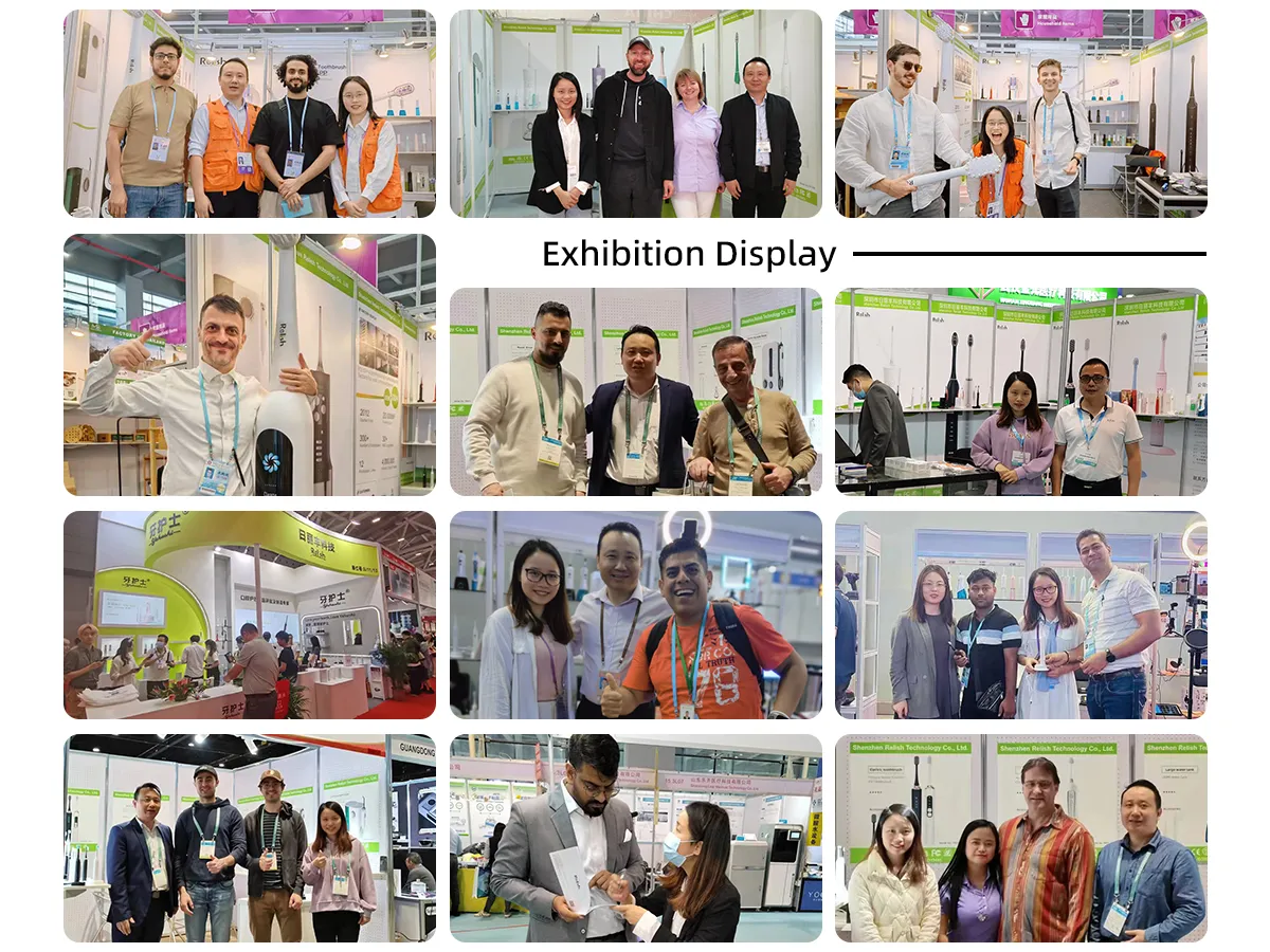 Relish manufacturing and engineering teams meeting with diverse international oral care brand representatives at an exhibition display to discuss global fulfillment.