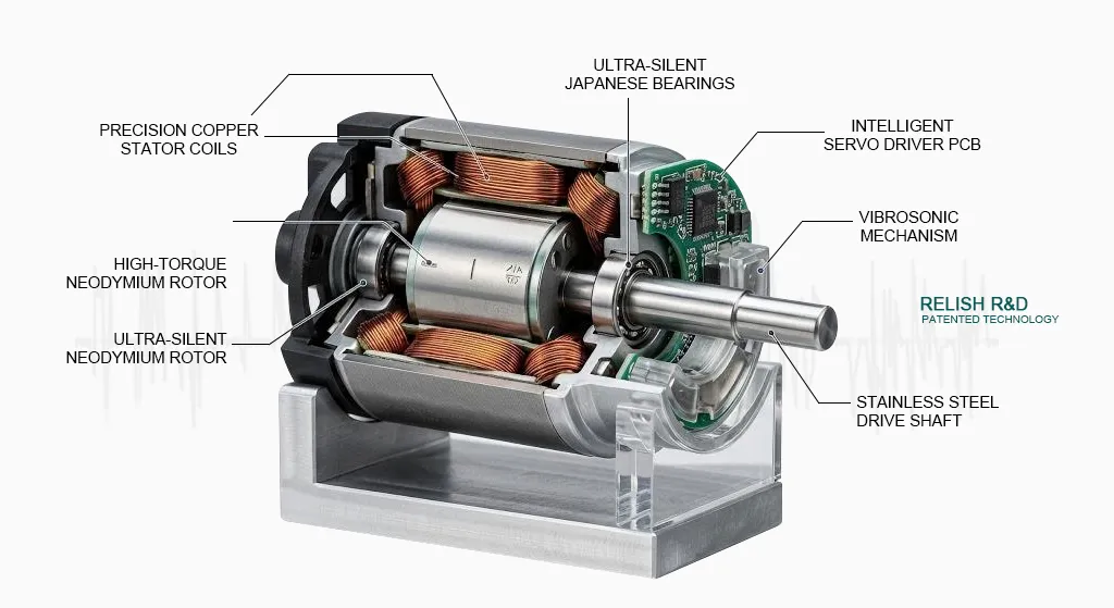 R&D Capabilities 4 Cross-section of an advanced electric toothbrush motor design featuring a high-torque neodymium rotor, intelligent servo driver PCB, and patented vibrosonic mechanism.