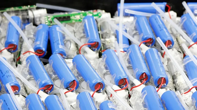 Rows of electric toothbrush internal assemblies with blue battery cells and circuit boards.