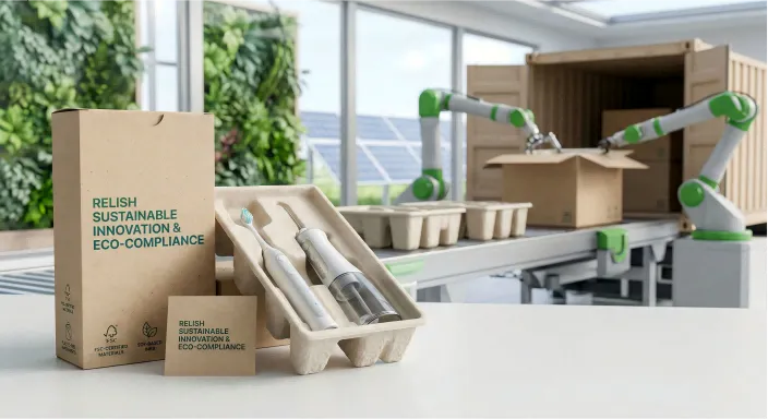 Sustainable electric toothbrush packaging setup featuring FSC-certified materials, soy-based inks, and plastic-free paper inserts, loaded by robotic arms.