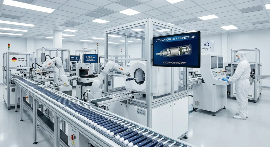 Advanced robotic assembly line at the Oral-B manufacturing facility in Marktheidenfeld, Germany, featuring a screen displaying CT scan quality inspection with 0.005mm precision
