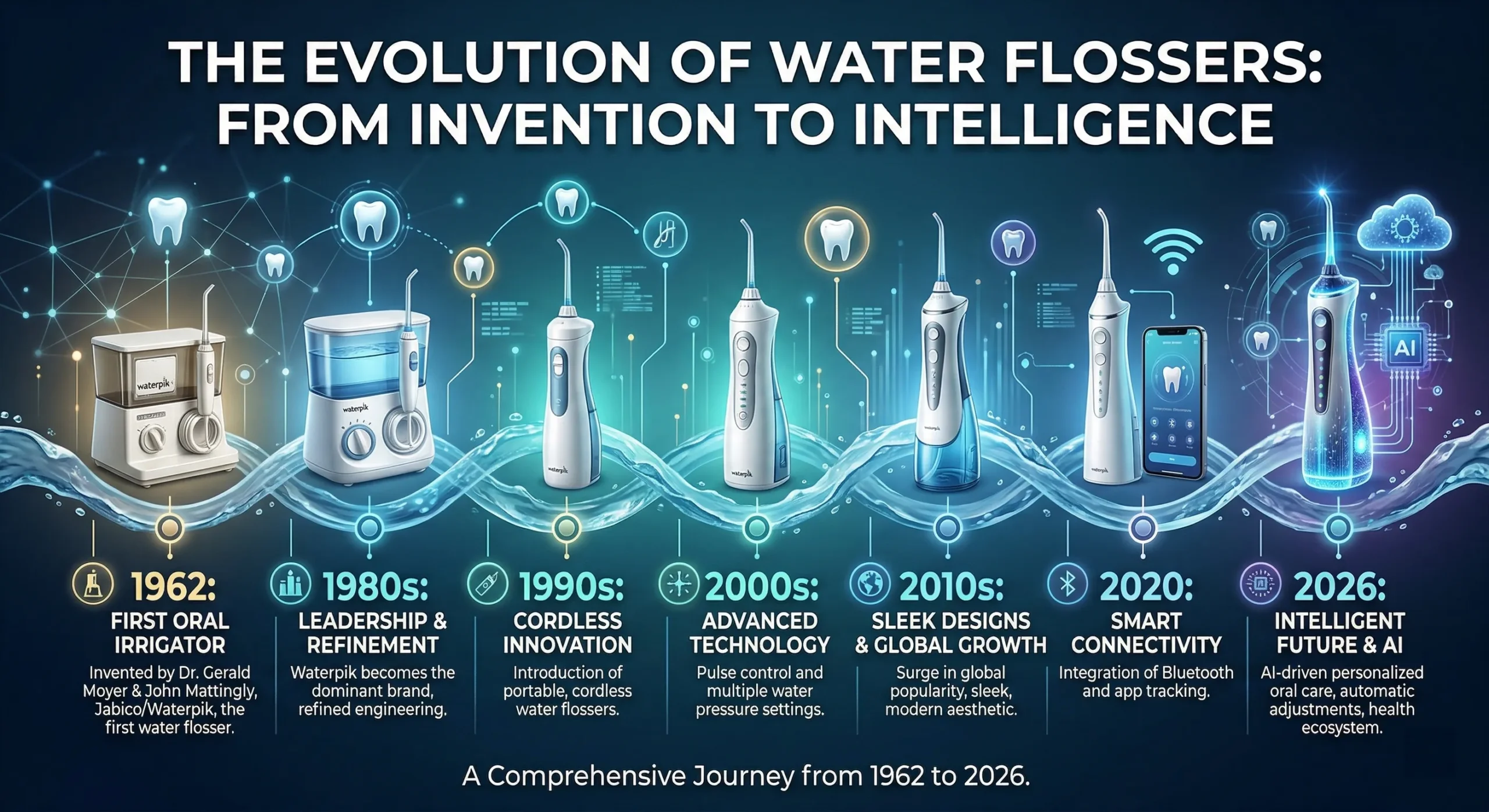 An infographic timeline titled 'The Evolution of Water Flossers,' illustrating the technological progression from the first 1962 oral irrigator to 2026 AI-driven smart models along a flowing water graphic.
