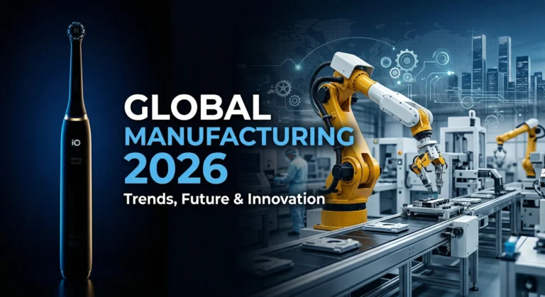 A black Oral-B iO electric toothbrush next to an advanced robotic assembly line, illustrating 2026 global manufacturing trends