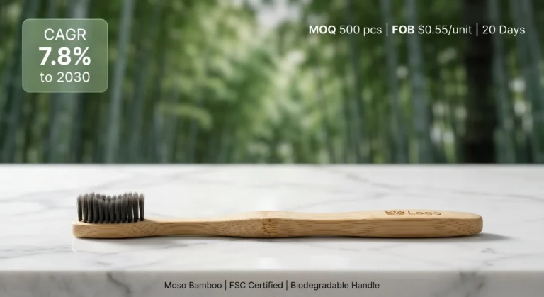 Bamboo toothbrush OEM private label: Moso bamboo handle with charcoal bristles, FSC certified, FOB $0.55/unit, MOQ 500 pieces, 20-40 day lead time, CAGR 7.8% growth to $1.2B market by 2030. Sustainable private label manufacturing guide 2026.