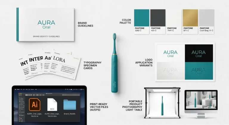 A complete brand identity toolkit for a private label electric toothbrush: brand name guidelines, logo variants (on white, black, embossed), Pantone color palette swatches, typography specimens, print-ready vector files, and product photography — the six essential assets before manufacturing.