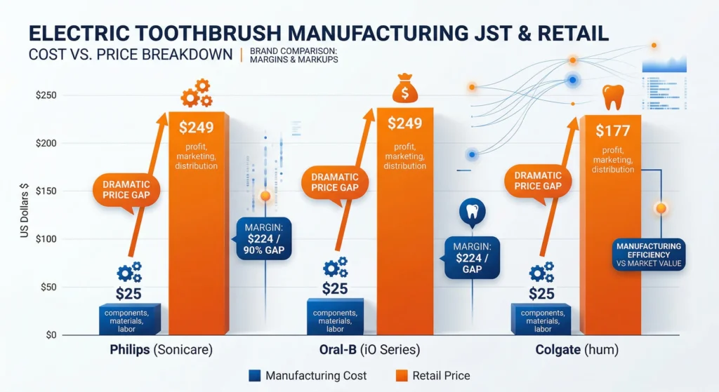 Bar chart comparing electric toothbrush manufacturing cost with retail prices across major brands