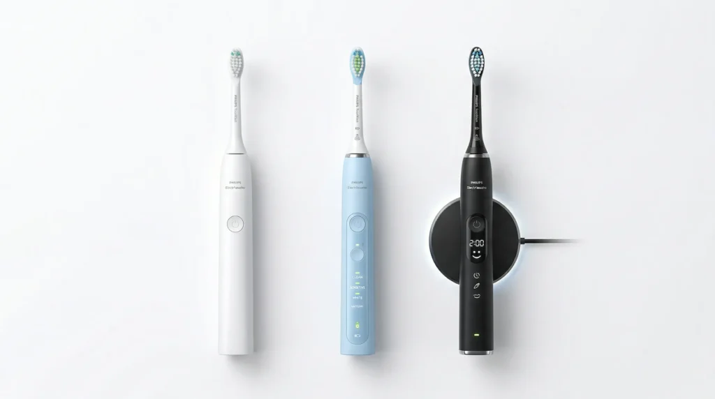 Product comparison of entry-level, mid-range, and premium electric toothbrush models