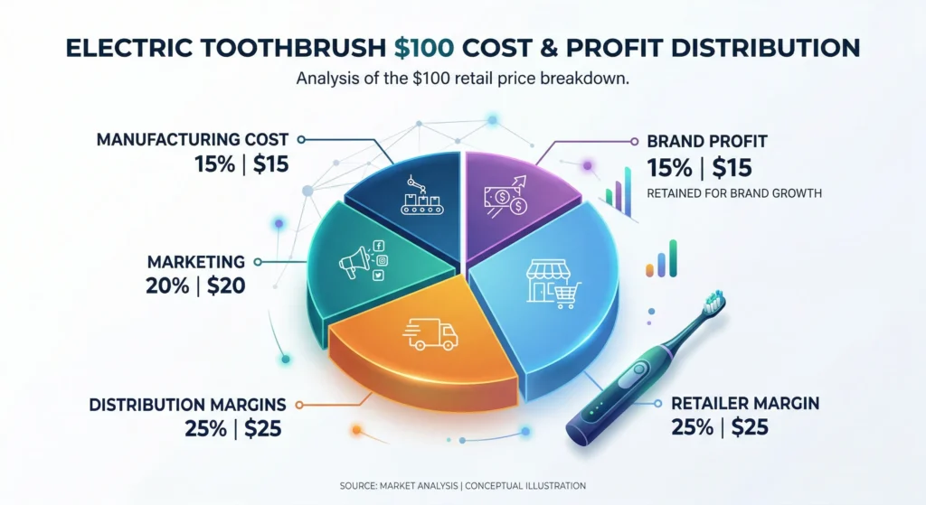 Pie chart showing profit margin breakdown of a $100 retail electric toothbrush