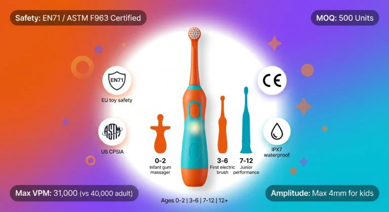 Kids electric toothbrush OEM: EN71 and ASTM F963 safety certified children's electric toothbrush with kid-friendly design, 14-18mm brush head, chunky handle for small hands, 24,000-31,000 VPM motor (max 4mm amplitude), IPX7 waterproof. Age segments: 0-2 infant gum massager, 3-6 first electric brush, 7-12 junior performance, 12+ teen transitional. MOQ 500 units. Safety standards: 50N brush head retention force required. Market CAGR 6.1%. Manufacturing and safety guide 2026.