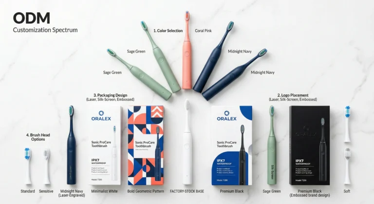 An ODM customization showcase featuring an electric toothbrush with multiple brand options: three color variants (green, pink, navy), three packaging designs, three logo application methods, and two brush head types — all from the same pre-certified factory platform.