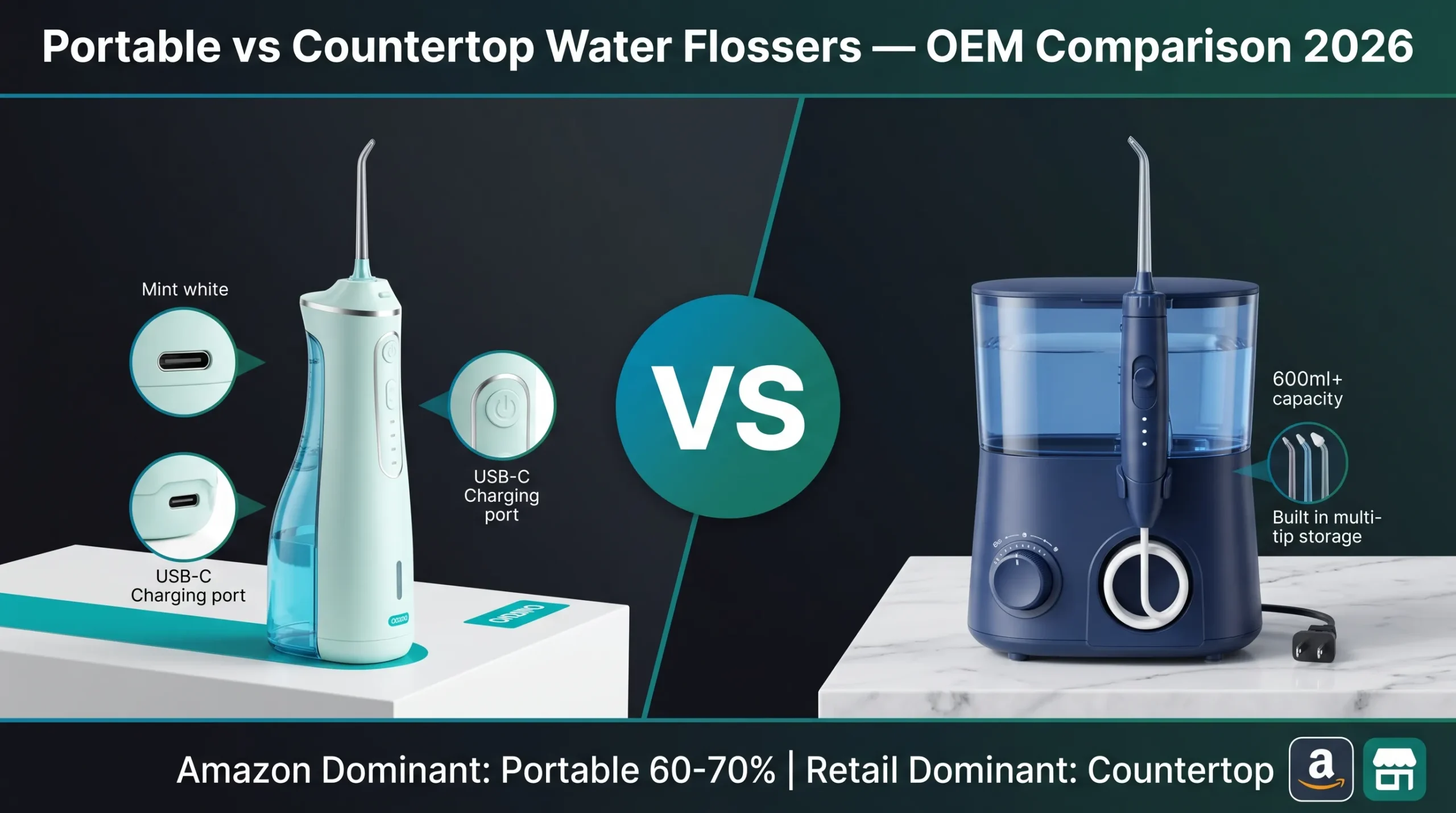 Portable cordless water flosser (compact, IPX7, USB-C, 150-350ml tank, 40-80 PSI, $8-12 FOB) vs countertop desktop water flosser (larger, AC-powered, 600-1000ml tank, 60-100+ PSI, $20-30 FOB) — the two dominant water flosser product types for brand product line decisions in 2026.