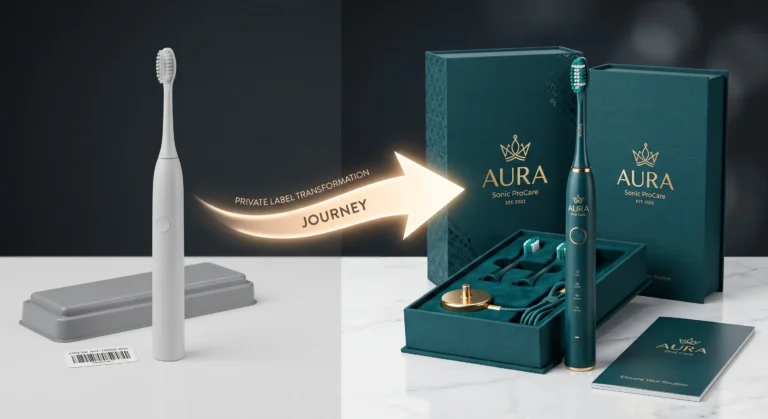 A private label transformation comparison: left side shows a plain factory-stock electric toothbrush, right side shows the same toothbrush customized with a brand logo, premium teal colorway, and luxury rigid retail packaging — representing the journey from white-label OEM to branded consumer product.