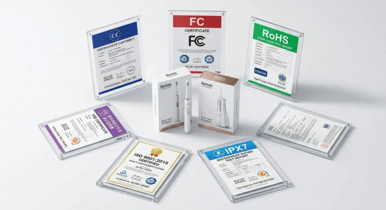 Relish Technology's complete certification portfolio displayed alongside their electric toothbrush and water flosser products: CE, FCC, RoHS, IPX7, ISO 9001, and PSE certificates from accredited labs including SGS, TÜV, and Intertek — available for ODM buyers to leverage.