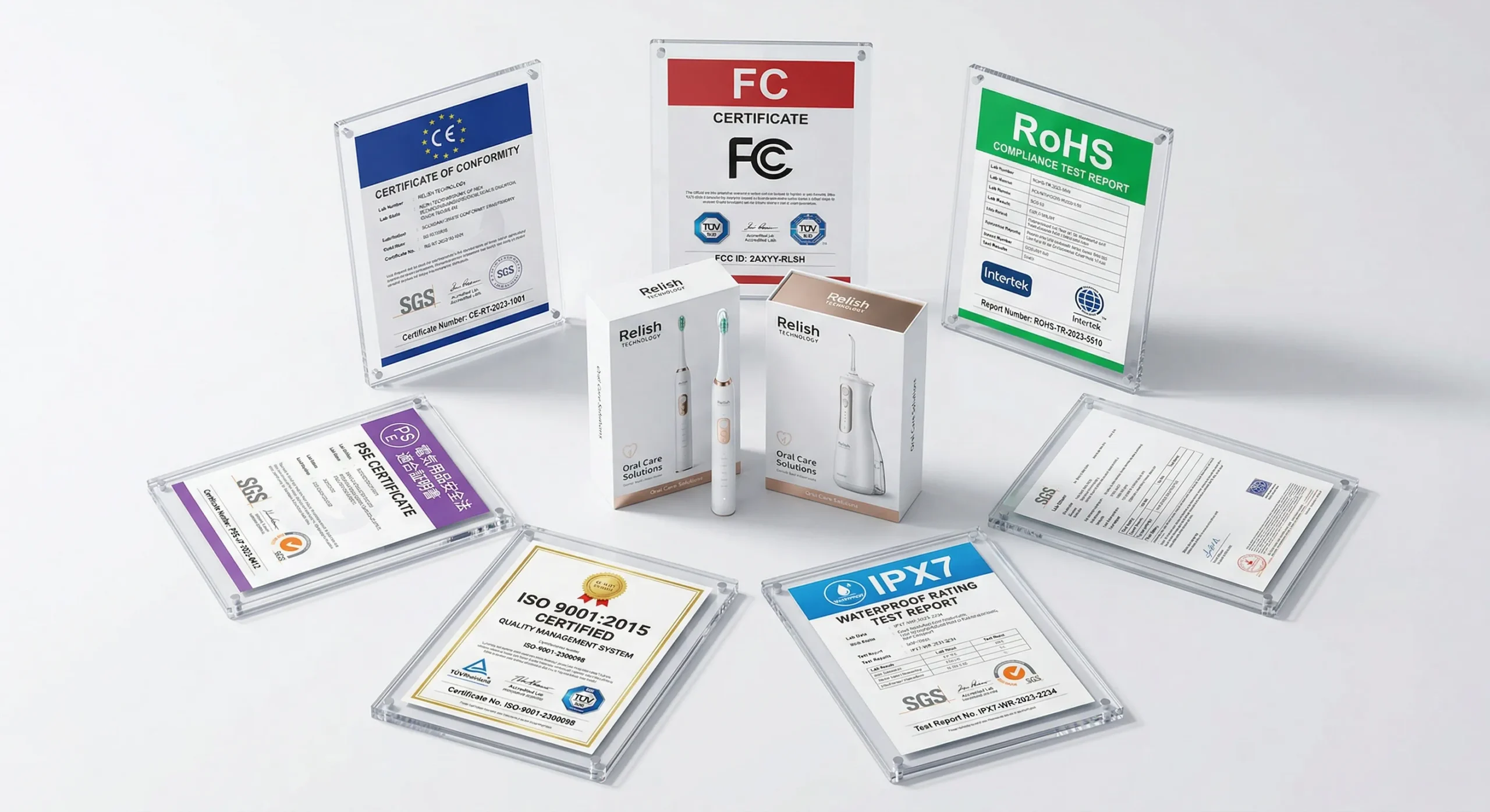 Home 41 Relish Technology's complete certification portfolio displayed alongside their electric toothbrush and water flosser products: CE, FCC, RoHS, IPX7, ISO 9001, and PSE certificates from accredited labs including SGS, TÜV, and Intertek — available for ODM buyers to leverage.