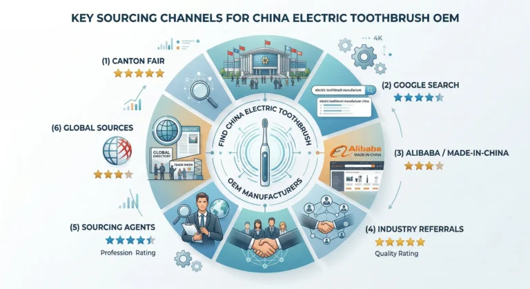 An infographic ranking six sourcing channels for finding electric toothbrush OEM manufacturers in China: Canton Fair, Google search, Alibaba, industry referrals, sourcing agents, and Global Sources — rated by factory quality and reliability.