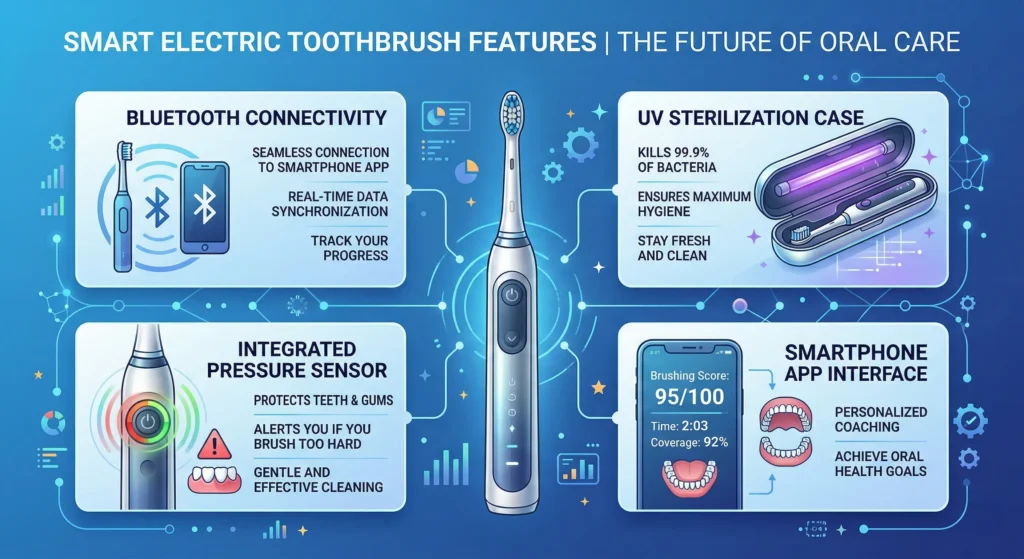 Smart electric toothbrush features including Bluetooth app connectivity, pressure sensor, and UV sterilization