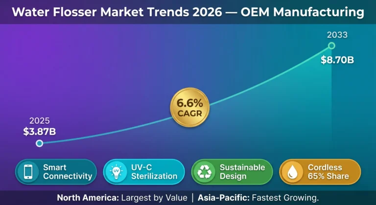 Water flosser market trends 2026: global market growing from $3.87 billion in 2025 to $8.70 billion by 2033 at 6.6% CAGR. Key trends: smart connectivity (25% of new SKUs), UV-C tip sterilization (40% premium adoption), sustainable materials (30% of launches), and cordless models dominating at 65% of US sales.