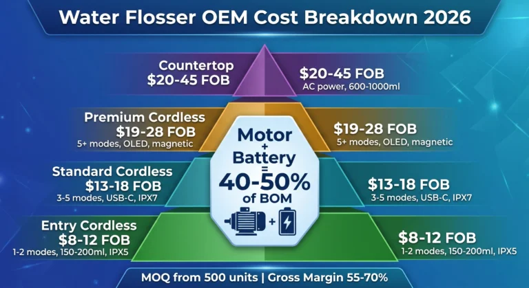 A four-tier cost pyramid for water flosser OEM manufacturing: Entry Cordless $8-12 FOB (1-2 modes, 150-200ml, IPX5), Standard Cordless $13-18 FOB (3-5 modes, USB-C, IPX7), Premium Cordless $19-28 FOB (5+ modes, OLED, magnetic), Countertop $20-45 FOB (AC power, 600-1000ml). Motor and battery account for 40-50% of BOM cost.
