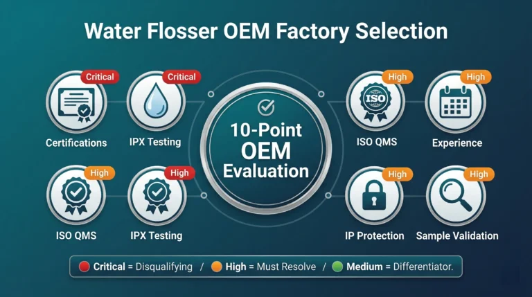 A 10-point water flosser OEM factory evaluation framework showing six key checkpoint categories: certifications (critical), IPX waterproof testing (critical), ISO QMS (high), manufacturing experience (high), IP protection (high), and sample validation (high) — with priority levels from critical to medium differentiators.