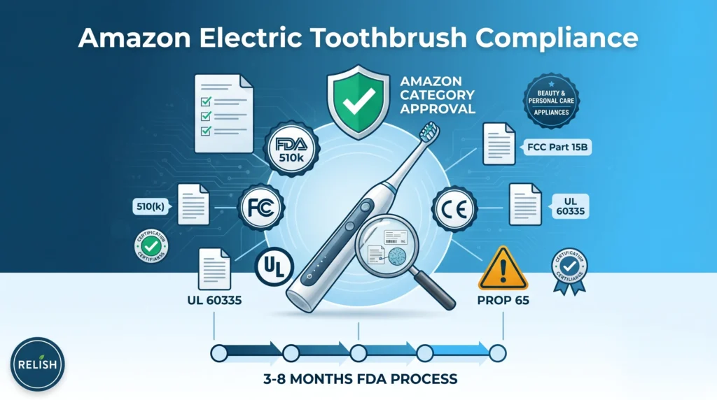 infografica guida conformità spazzolino elettrico Amazon che mostra requisiti certificazione FDA 510k FCC UL e processo di approvazione categoria Amazon per prodotti cura orale
