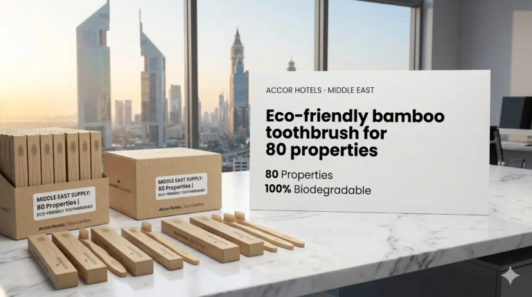 A tabletop product display on a marble desk overlooking a Middle East city skyline, featuring kraft paper boxes and loose bamboo toothbrushes branded for Accor Hotels next to a large white info card detailing eco-friendly supply for 80 properties.