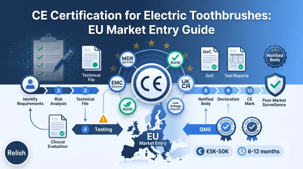 Infografik zur CE-Zertifizierung elektrischer Zahnbürsten mit der MDR 2017/745, der EMV-Richtlinie, der RoHS-Konformität und dem EU-Markteinführungsprozess für Mundpflegeprodukte