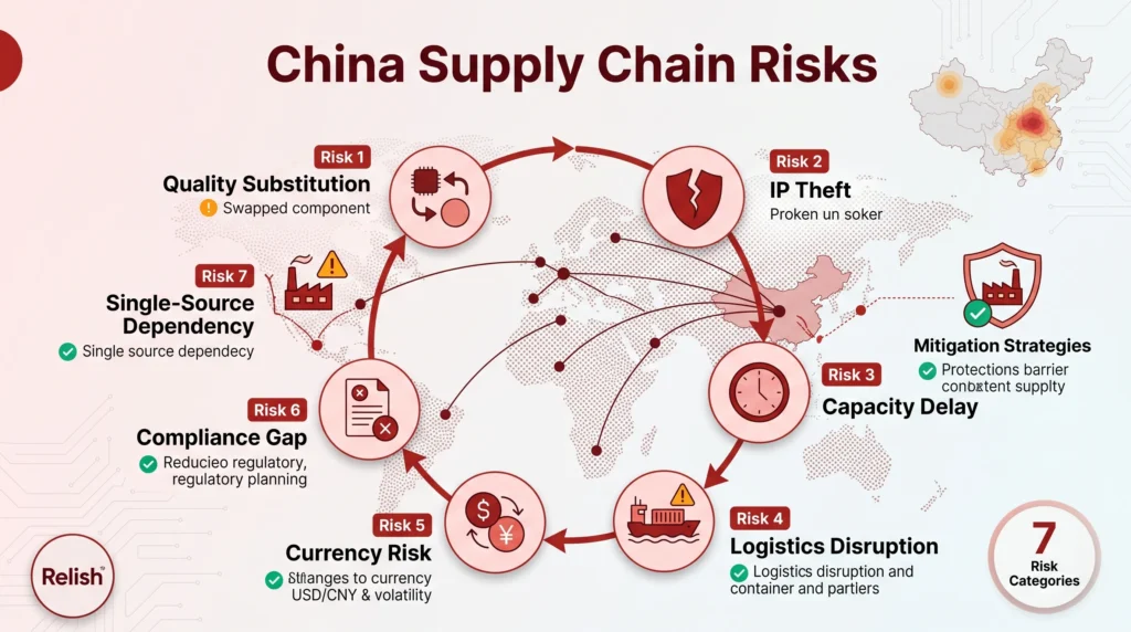 China supply chain risks infographic showing 7 key threats for OEM brands including quality substitution IP theft capacity delays logistics disruption and mitigation strategies