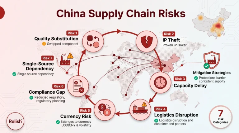 China supply chain risks infographic showing 7 key threats for OEM brands including quality substitution IP theft capacity delays logistics disruption and mitigation strategies