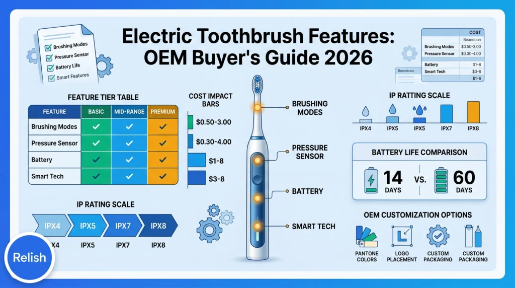 Electric toothbrush features guide cover showing six key capabilities in holographic badges: brushing modes, pressure sensor, battery life, waterproofing, smart app, and quad-pacer timer