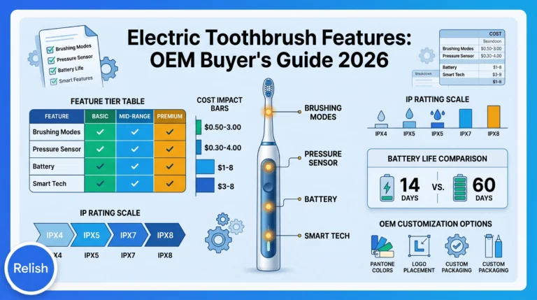 Electric toothbrush features guide cover showing six key capabilities in holographic badges: brushing modes, pressure sensor, battery life, waterproofing, smart app, and quad-pacer timer