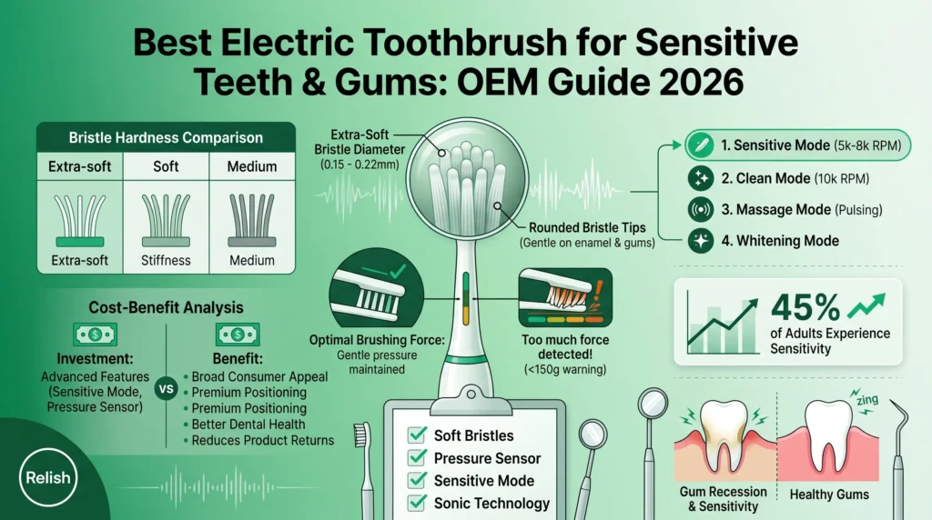 Electric toothbrush for sensitive teeth with gentle mode, pressure guard auto-stop, and ultra-soft bristle technology shown with soothing green and amber bioluminescent glow for OEM buyers