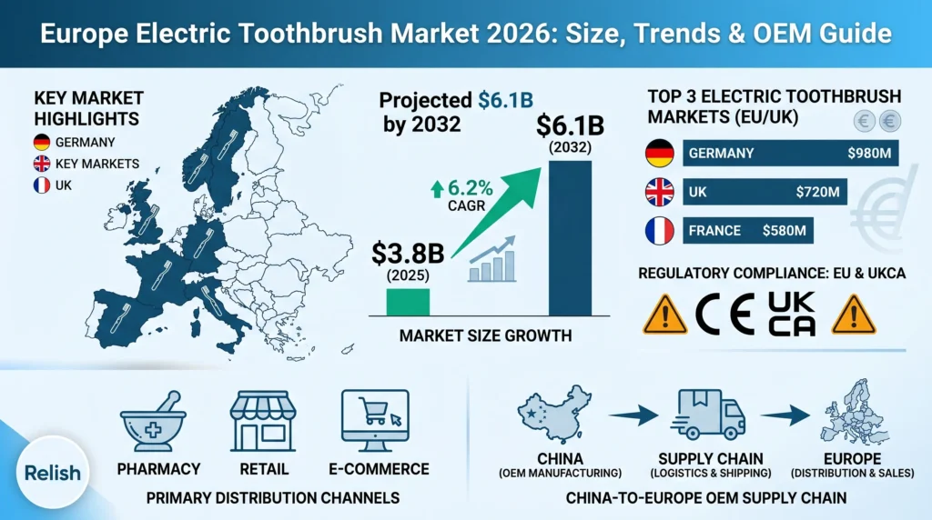 Europe electric toothbrush market infographic showing 6.2 percent CAGR and country-by-country market size analysis<br>