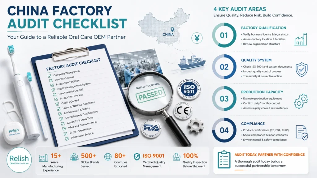 China factory audit checklist infographic showing 4-phase audit process: factory qualification, quality system, production capacity, and compliance verification with ISO CE FDA certification badges