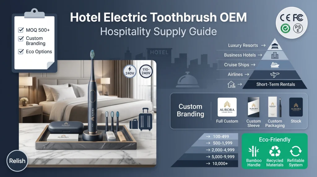 Infografica OEM sugli spazzolini elettrici da hotel che illustra le opzioni di personalizzazione del marchio nella filiera dell'ospitalità, i prezzi all'ingrosso e i prodotti da bagno ecologici per resort di lusso e hotel d'affari