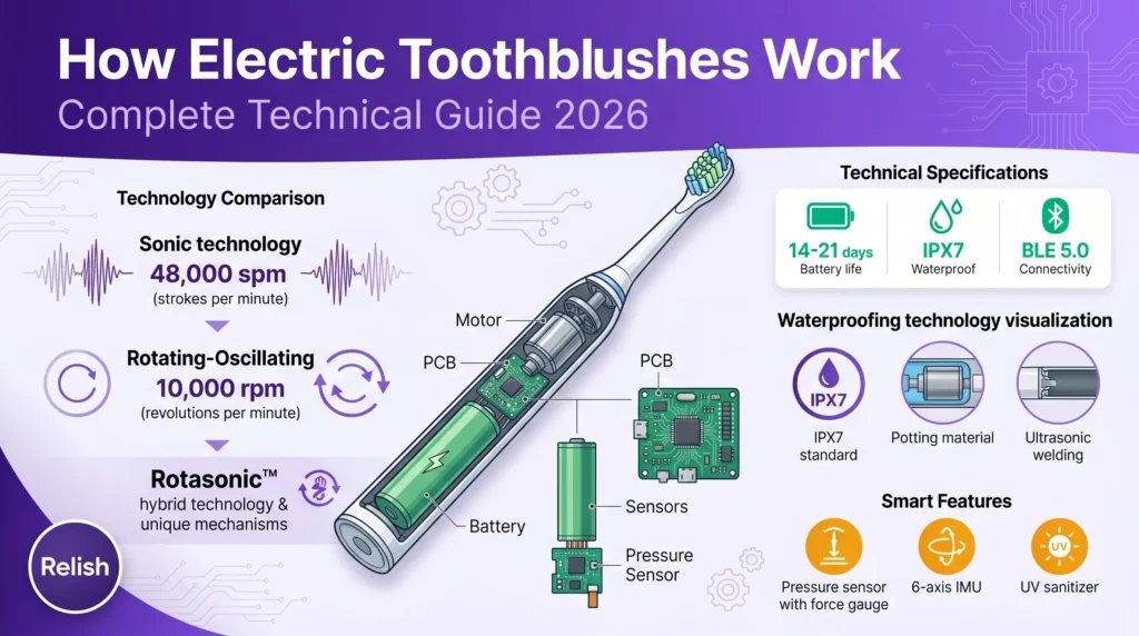 how electric toothbrushes work infographic showing how sonic oscillating rotating and smart toothbrushes work with internal components
