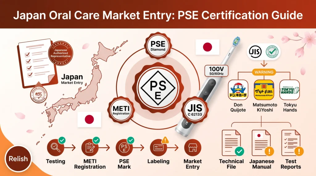 japan pse certificering elektrische tandenborstel infographic met PSE-certificering METI-registratie 100V spanningsvereisten en Japanse verkoopkanalen