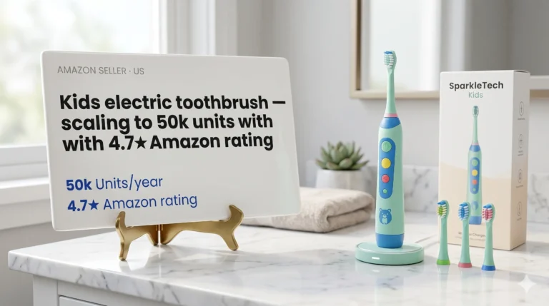 A product display on a marble bathroom countertop featuring a light green and blue children's sonic toothbrush on a charging base, three replacement brush heads, and custom SparkleTech Kids packaging next to an information card showing retail growth metrics.