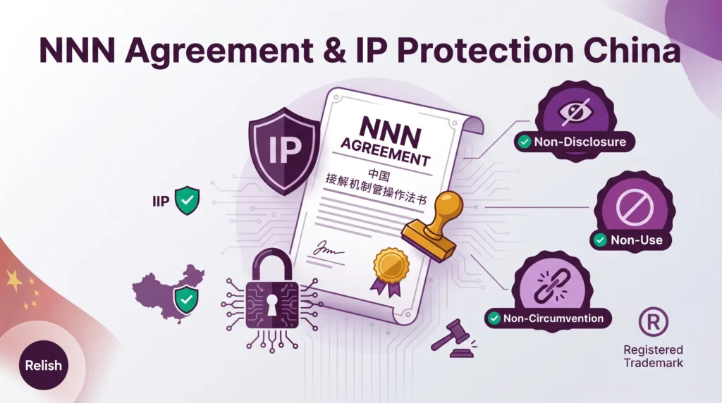 nnn agreement china and IP protection infographic showing Non-Disclosure Non-Use Non-Circumvention clauses for China manufacturing with legal document shield lock and trademark registration elements