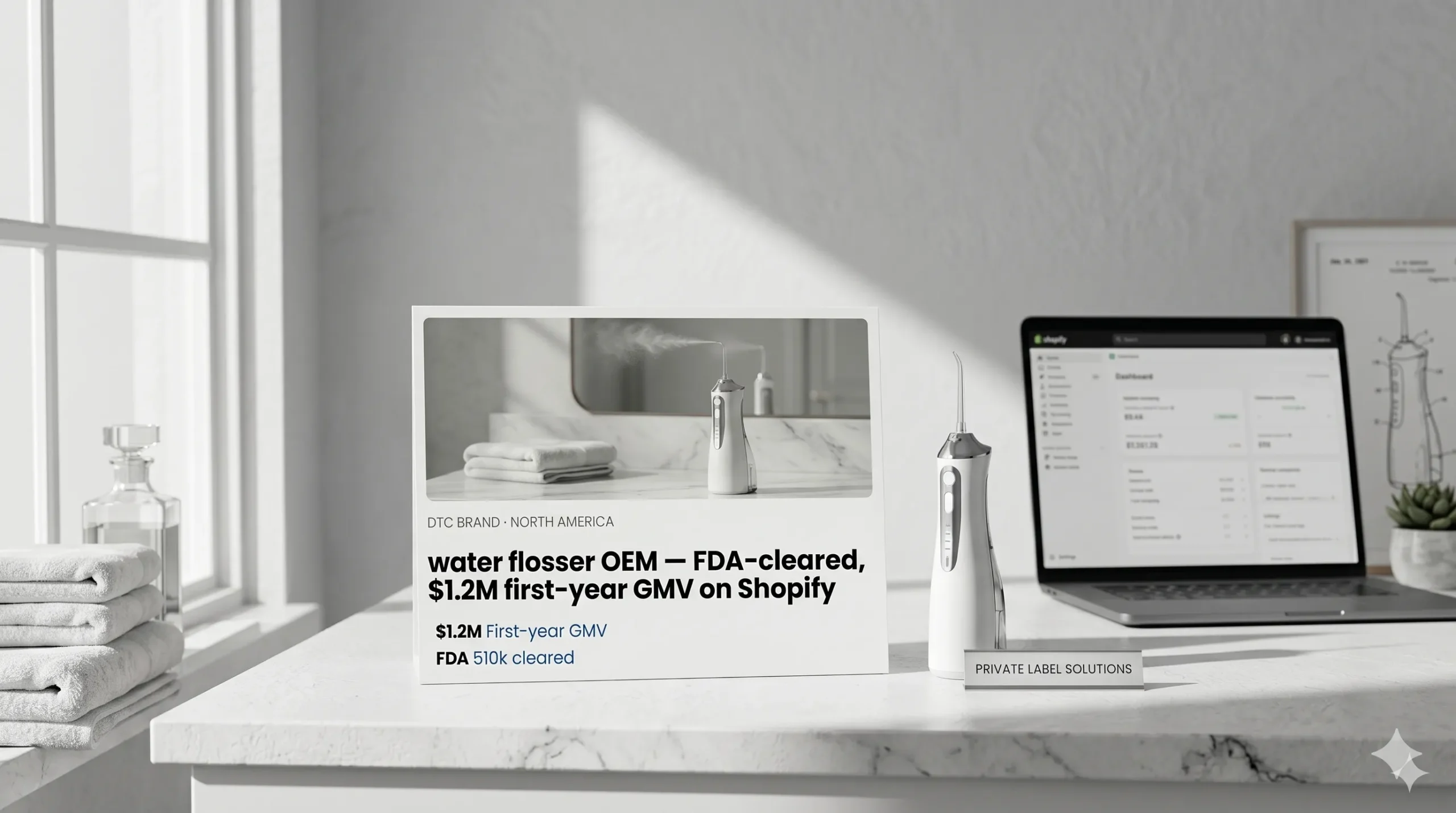 A product display on a marble countertop featuring a sleek white and silver portable water flosser next to a display plaque and an open laptop showing a Shopify store dashboard in a brightly lit room.