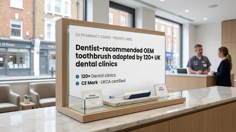 A tabletop display inside a modern dental clinic setting, featuring a blue and white electric toothbrush on a marble base next to an informational sign with text about dentist-recommended OEM models adopted by 120+ UK dental clinics.