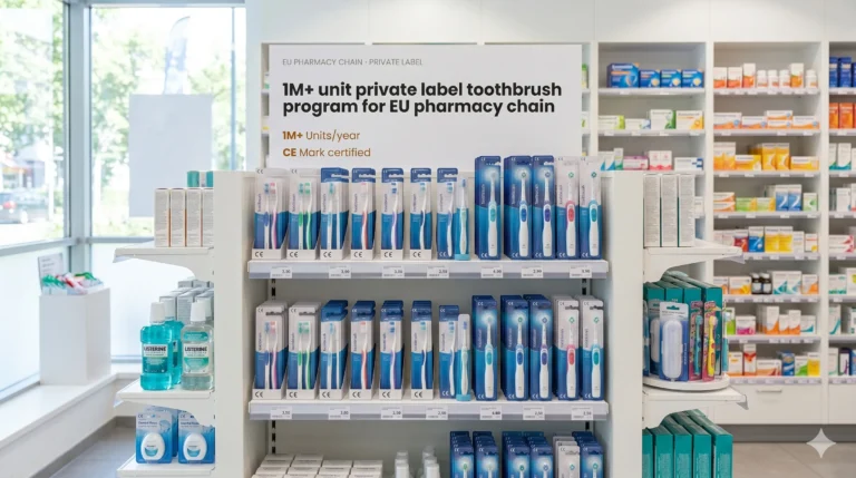 A retail shelf display inside a brightly lit European pharmacy, filled with neatly arranged toothbrush products in custom blister packaging under a large white sign detailing a 1M+ unit private label program.