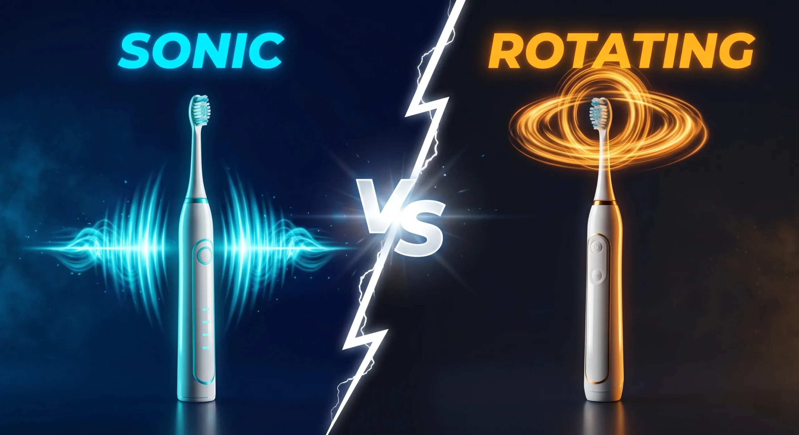 Home 42 sonic vs oscillating-rotating electric toothbrush comparison: two technologies shown with dramatic light trails — cyan vibration waves versus amber rotation ring for OEM brand decision making